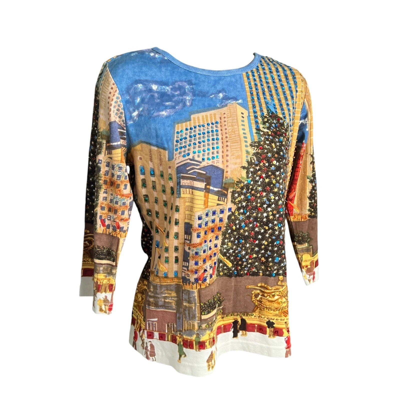 Artscape Womens Christmas Top New York Scene Sequin Size S Multicolour Funky
