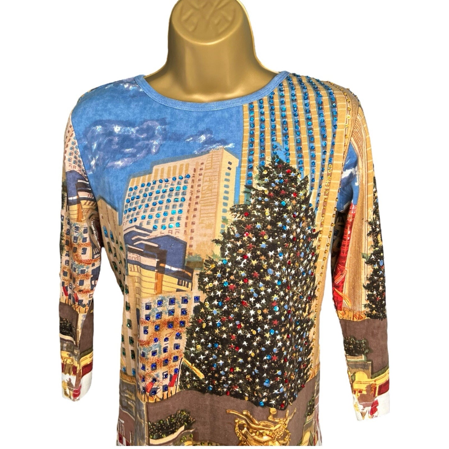 Artscape Womens Christmas Top New York Scene Sequin Size S Multicolour Funky
