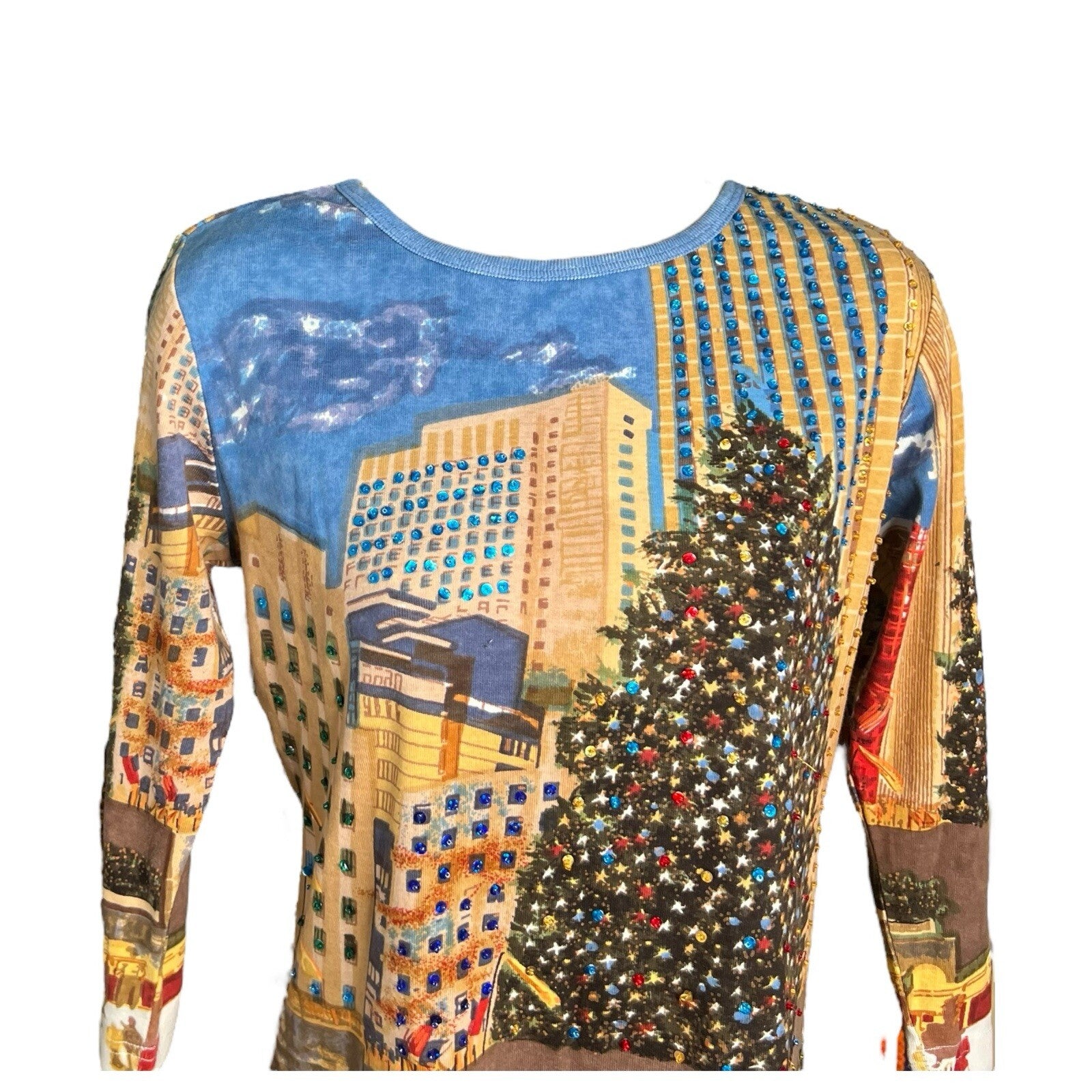 Artscape Womens Christmas Top New York Scene Sequin Size S Multicolour Funky