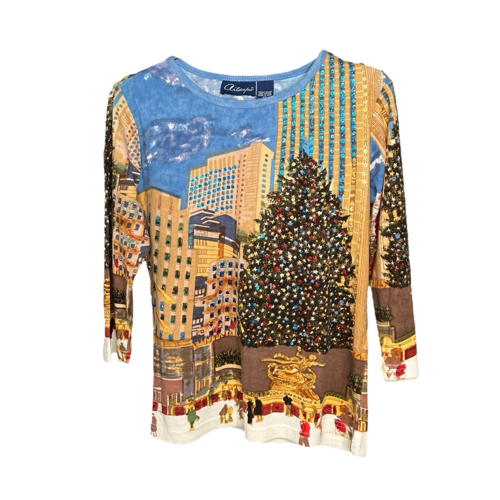 Artscape Womens Christmas Top New York Scene Sequin Size S Multicolour Funky
