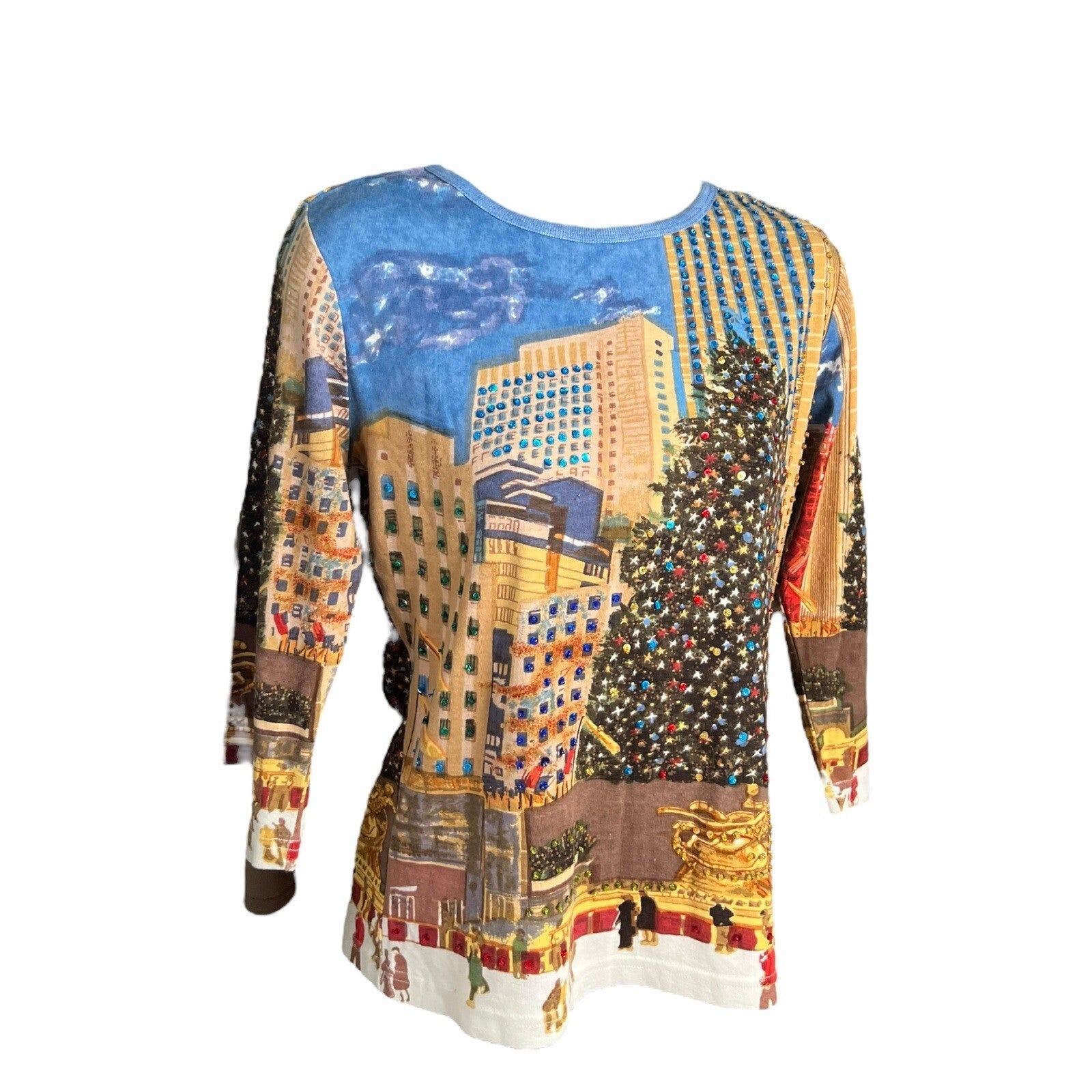 Artscape Womens Christmas Top New York Scene Sequin Size S Multicolour Funky